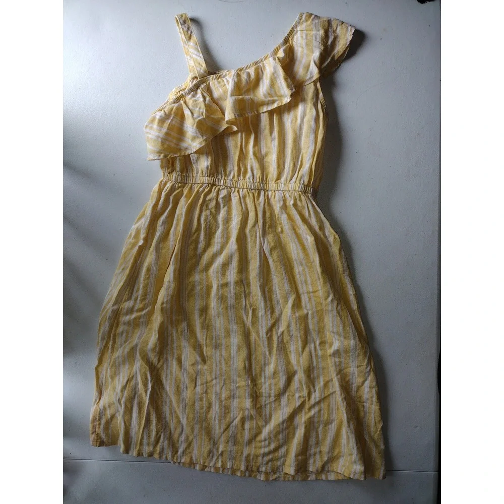 Wonder Nation Girls Yellow‎ White Striped One Shoulder Linen Blend Dress L 10-12